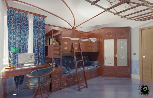 Дизайн детской комнаты в морском стиле вид кровати и письменного стола