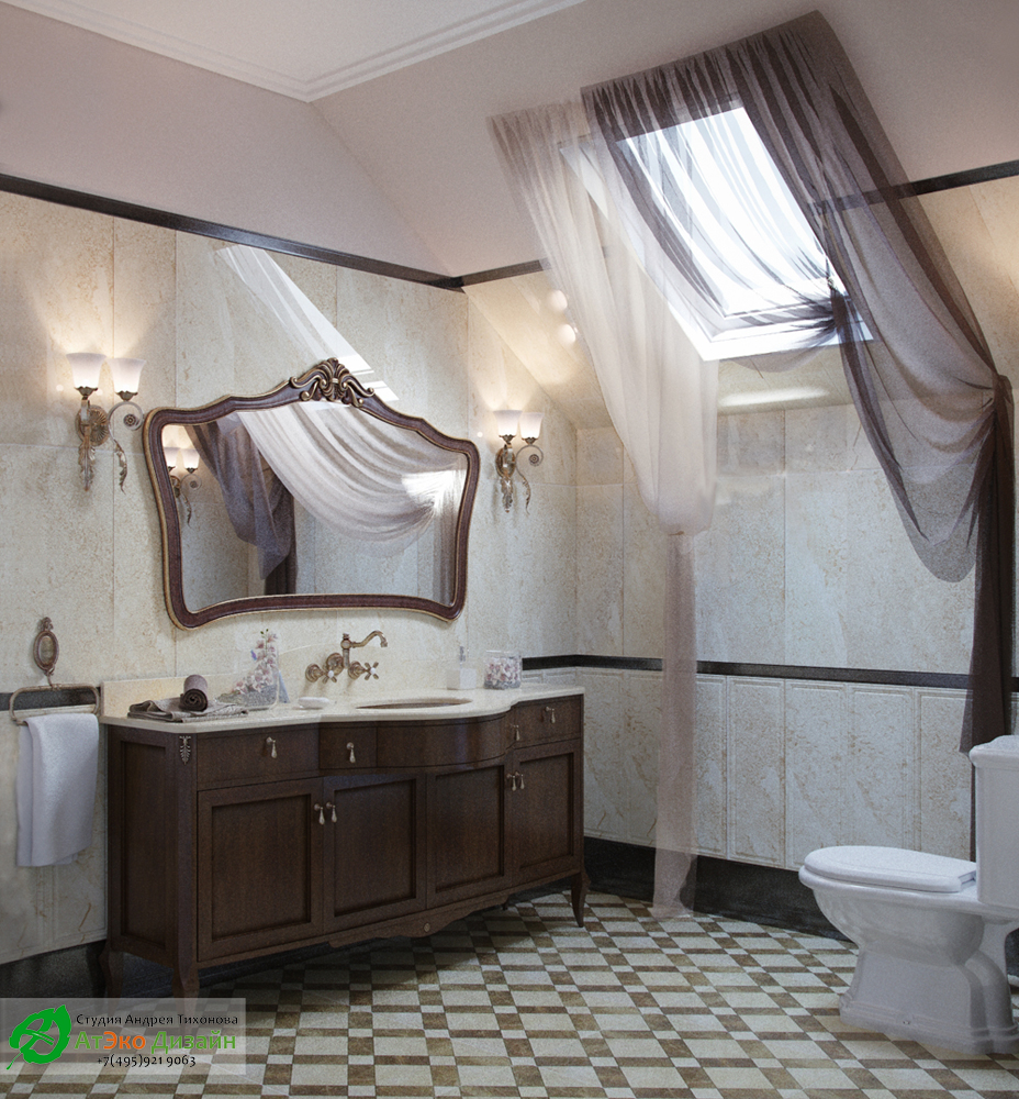 Дизайн интерьера ванной комнаты на втором этаже загородного дома в классическом стиле