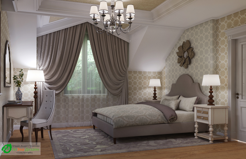 Дизайн интерьера спальни дочери с мужем на втором этаже загородного дома в классическом стиле