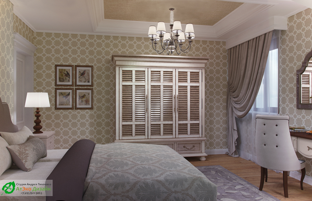 Дизайн интерьера спальни дочери с мужем на втором этаже загородного дома в классическом стиле