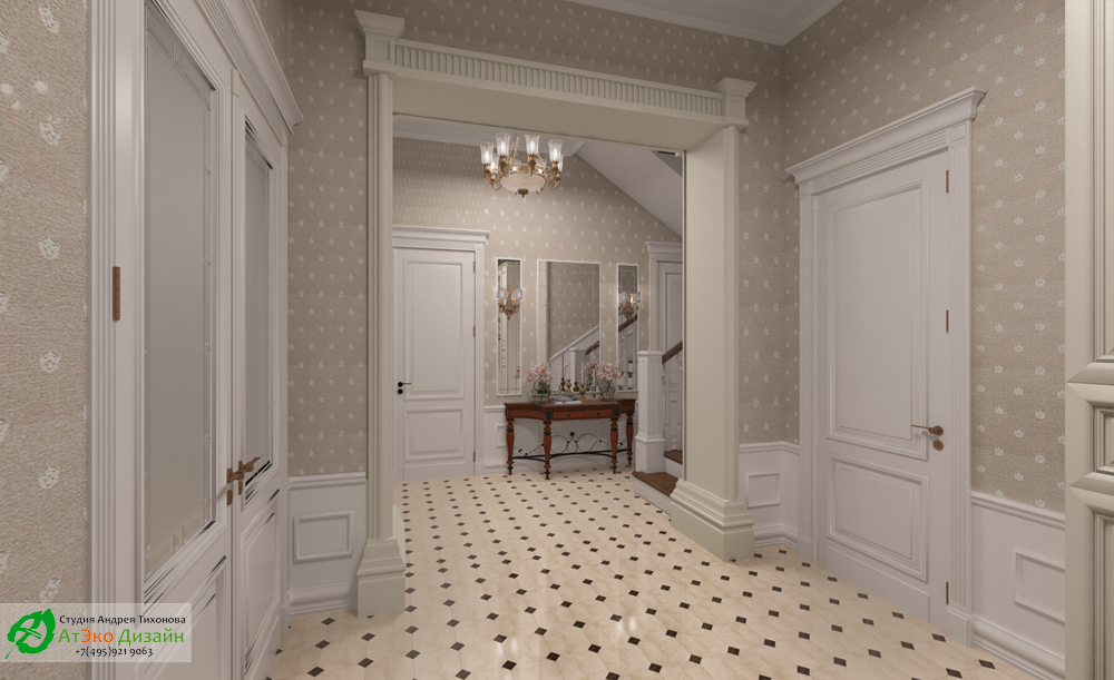 Дизайн интерьера холла на первом этаже в классическом стиле