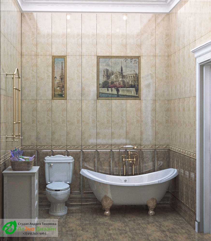 Дизайн интерьера ванной комнаты на первом этаже загородного дома в классическом стиле