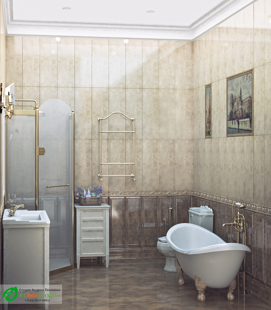 Дизайн интерьера ванной на первом этаже загородного дома в классическом стиле