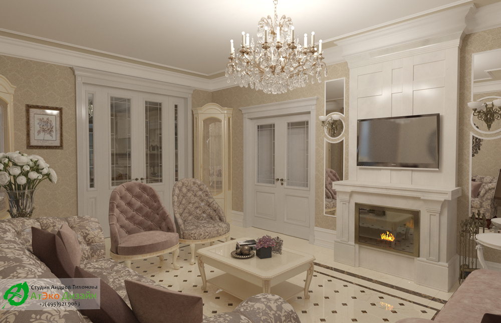 Дизайн интерьера гостиной с камином на первом этаже загородного дома в классическом стиле