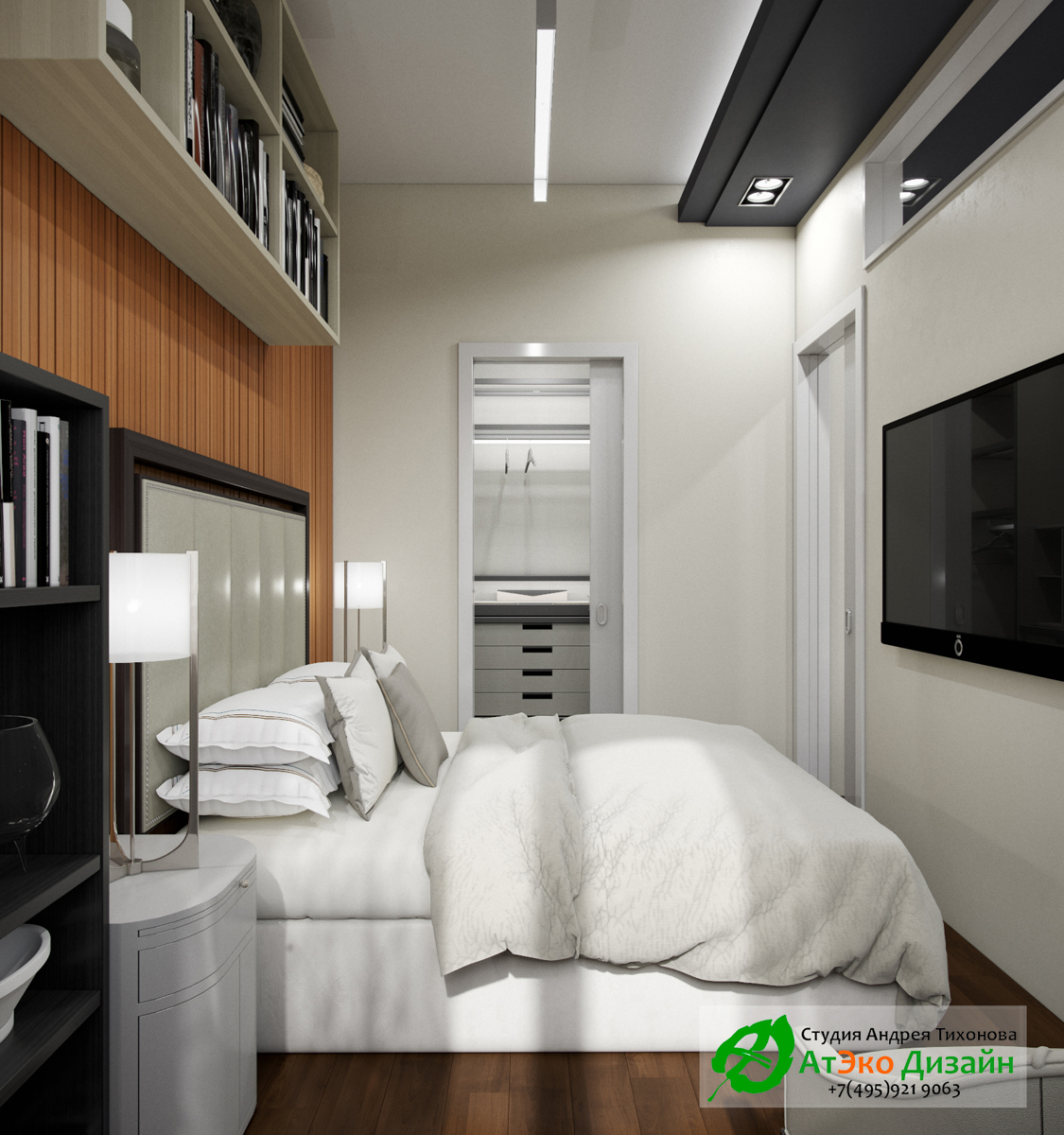 Фото дизайна современной спальни с гардеробом в Сколково