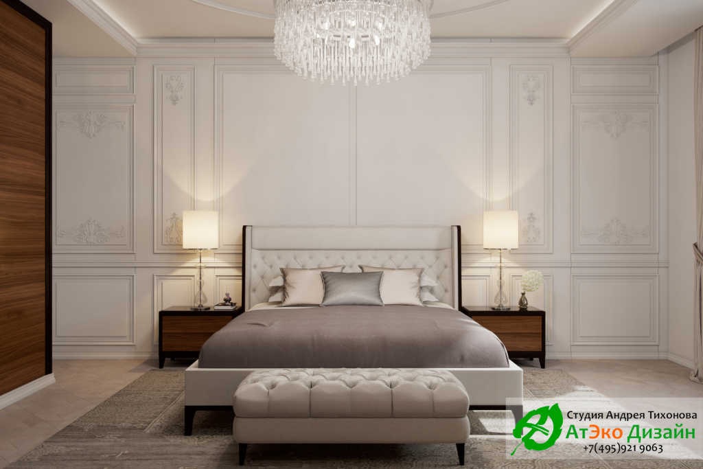 Дизайн интерьера спальни с большой кроватью в загородном доме в стиле современного классического модернизма
