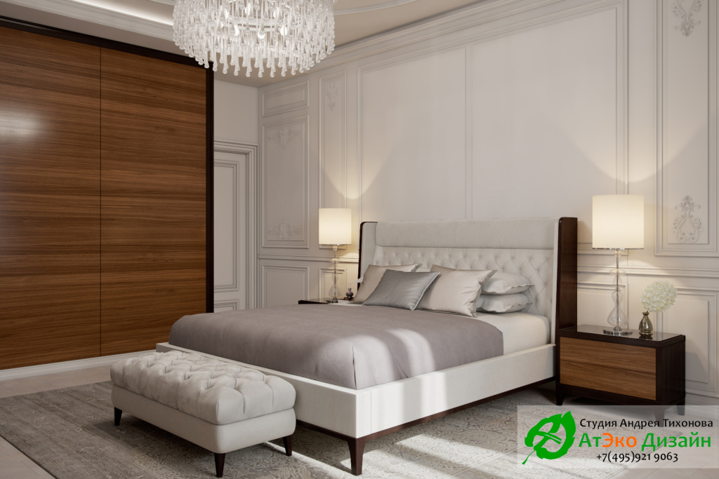 Дизайн интерьера спальни с кроватью в загородном доме в стиле современного классического модернизма