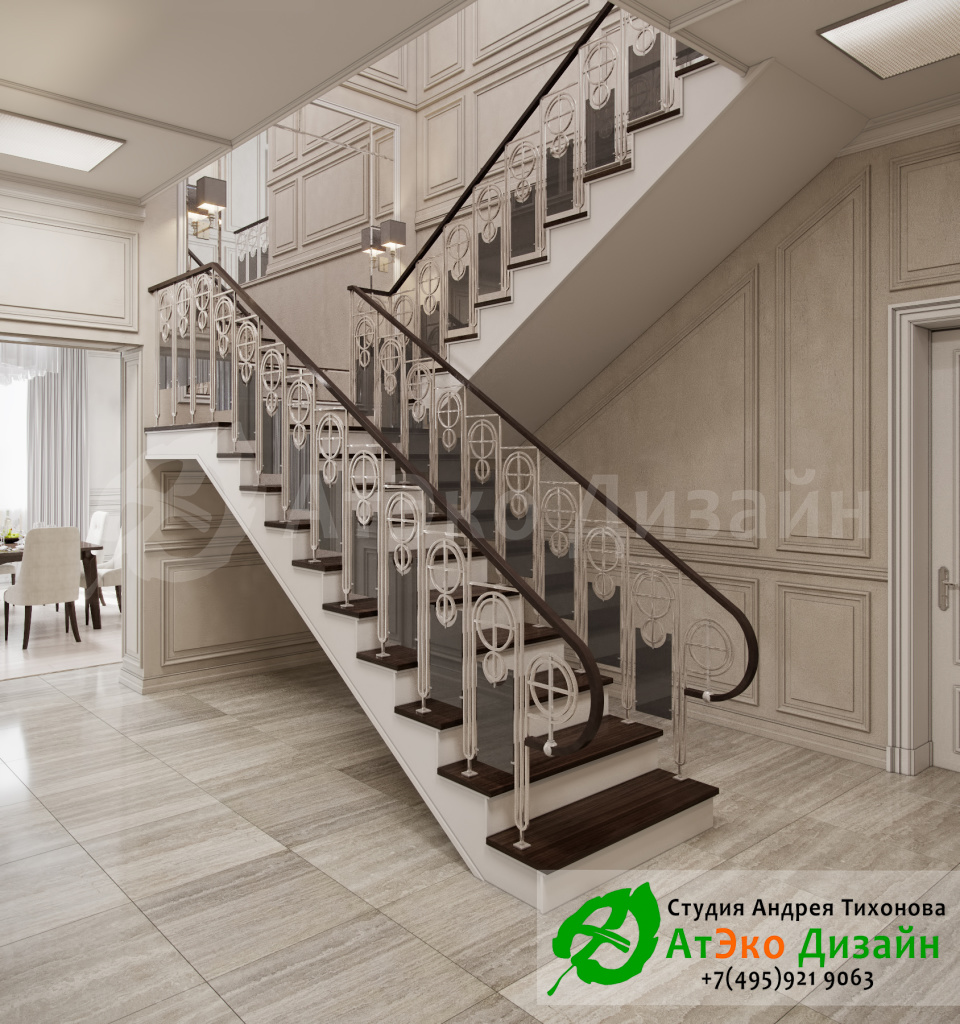 Дизайн интерьера лестницы на второй этаж в загородном доме в стиле современного классического модернизма