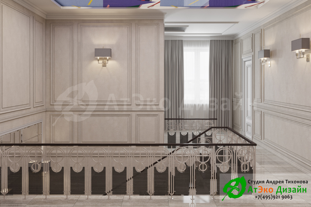 Дизайн интерьера лестницы на второй этаж в загородном доме в стиле современного классического модернизма